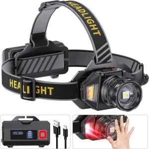 LED Headlamp Rechargeable，2980 High Lumens Head Lamp with 12 Modes & 90H Long Battery Life & Motion Sensor & IPX7 Waterproof,90° Adjustable Headlight for Outdoor Camping,Cycling,Hiking