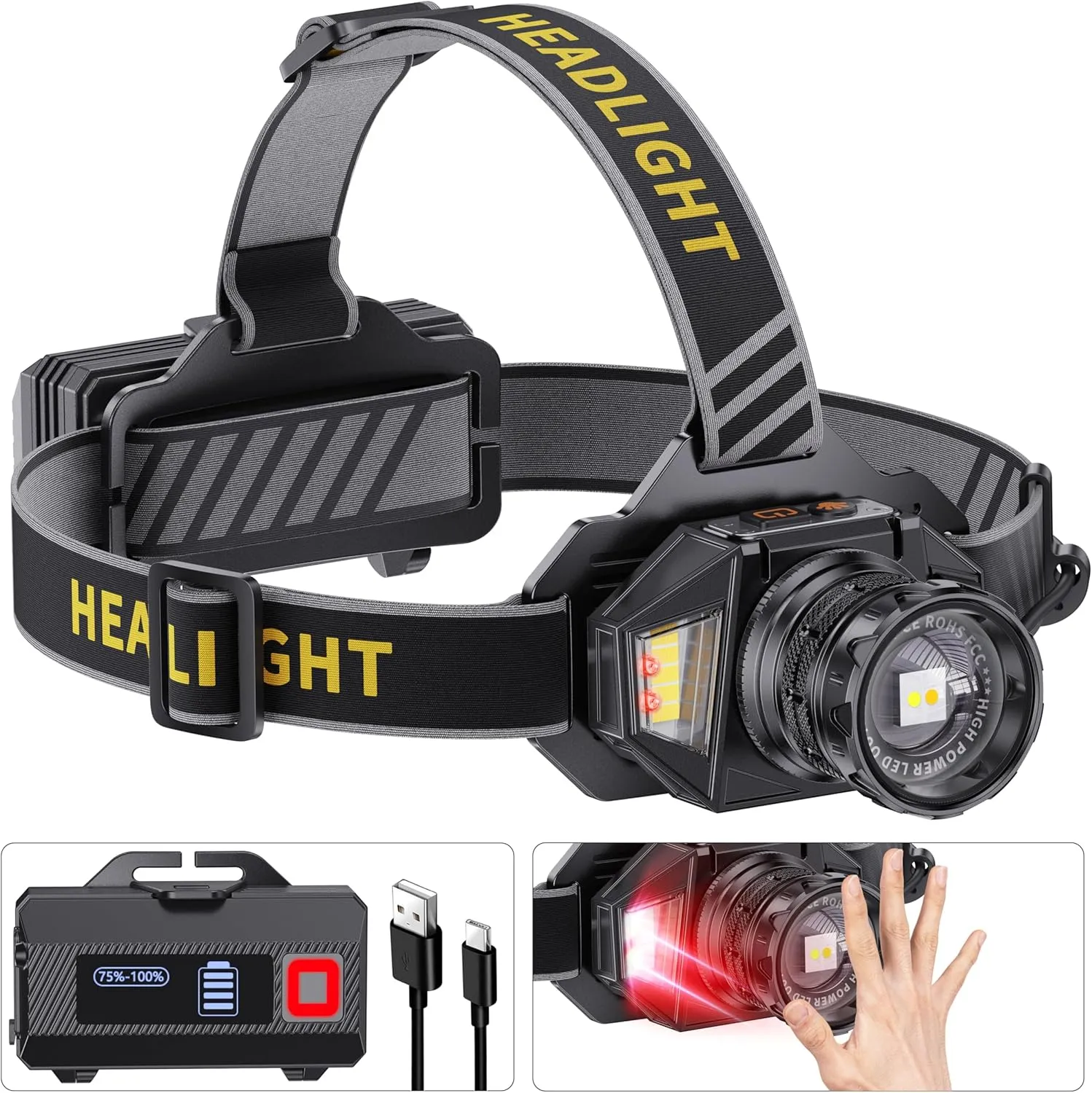 LED Headlamp Rechargeable，2980 High Lumens Head Lamp with 12 Modes & 90H Long Battery Life & Motion Sensor & IPX7 Waterproof,90° Adjustable Headlight for Outdoor Camping,Cycling,Hiking