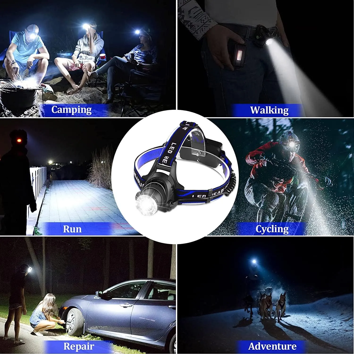 LED Headlamp USB Rechargeable, Head Lamp Super Bright 1000 High Lumen with 3 Modes, Zoomable, Waterproof Headlight for Camping Hunting Running Fishing Biking
