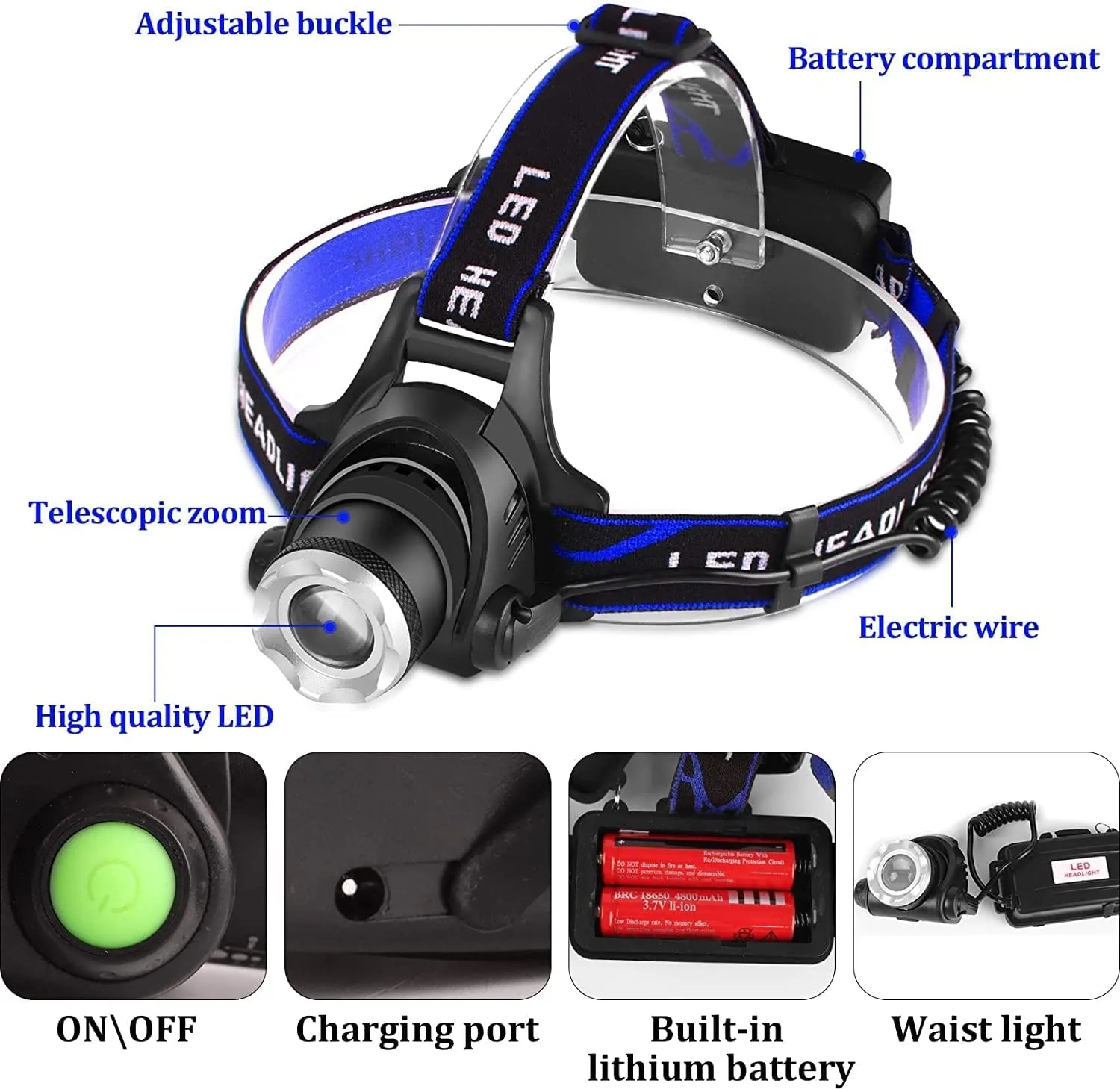 LED Headlamp USB Rechargeable, Head Lamp Super Bright 1000 High Lumen with 3 Modes, Zoomable, Waterproof Headlight for Camping Hunting Running Fishing Biking