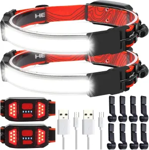 LED Rechargeable Head Lamp 230° Illumination Wide Beam Hard Hat Headlamp Flashlight & 8 Clips, 1000 Lumen 3 Modes Lightweight Head Light for Running, Cycling, Camping (2Pack)