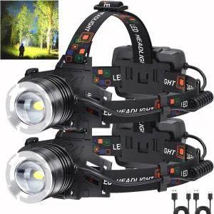 LED Rechargeable Headlamp 2 Pack, 2000 Lumens Head Lamps (Include Βattery) Super Bright Long Distance Headlamps with 5 Mode Waterproof, 90° Adjustable Head Lights for Forehead Adults Outdoor Camping