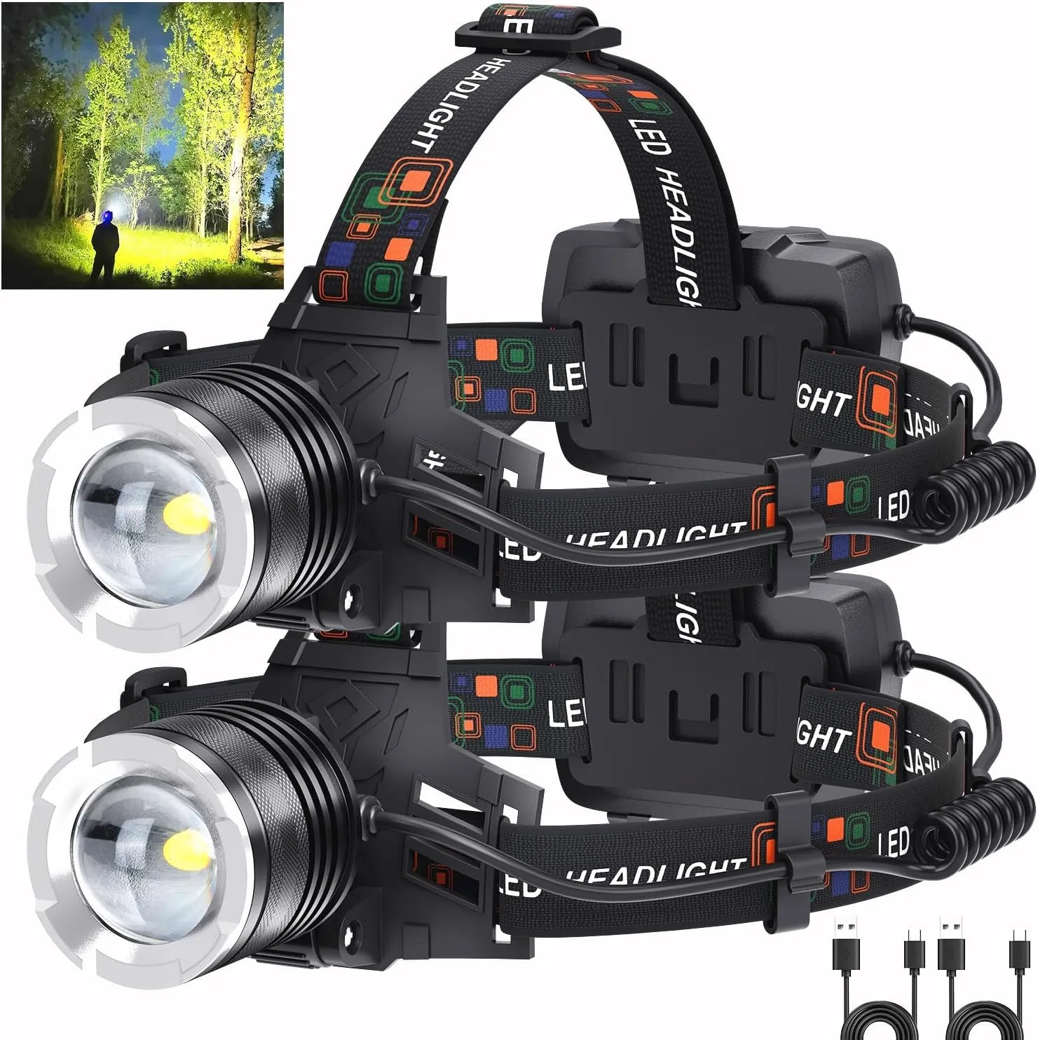 LED Rechargeable Headlamp 2 Pack, 2000 Lumens Head Lamps (Include Βattery) Super Bright Long Distance Headlamps with 5 Mode Waterproof, 90° Adjustable Head Lights for Forehead Adults Outdoor Camping