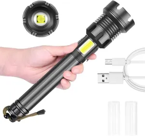 LED Rechargeable Tactical Flashlights 90000 High Lumens, XHP90 Brightest Flashlight w/COB Sidelight, Powerful Emergency Flashlight w/USB Output as Power Bank, Zoomable, Waterproof