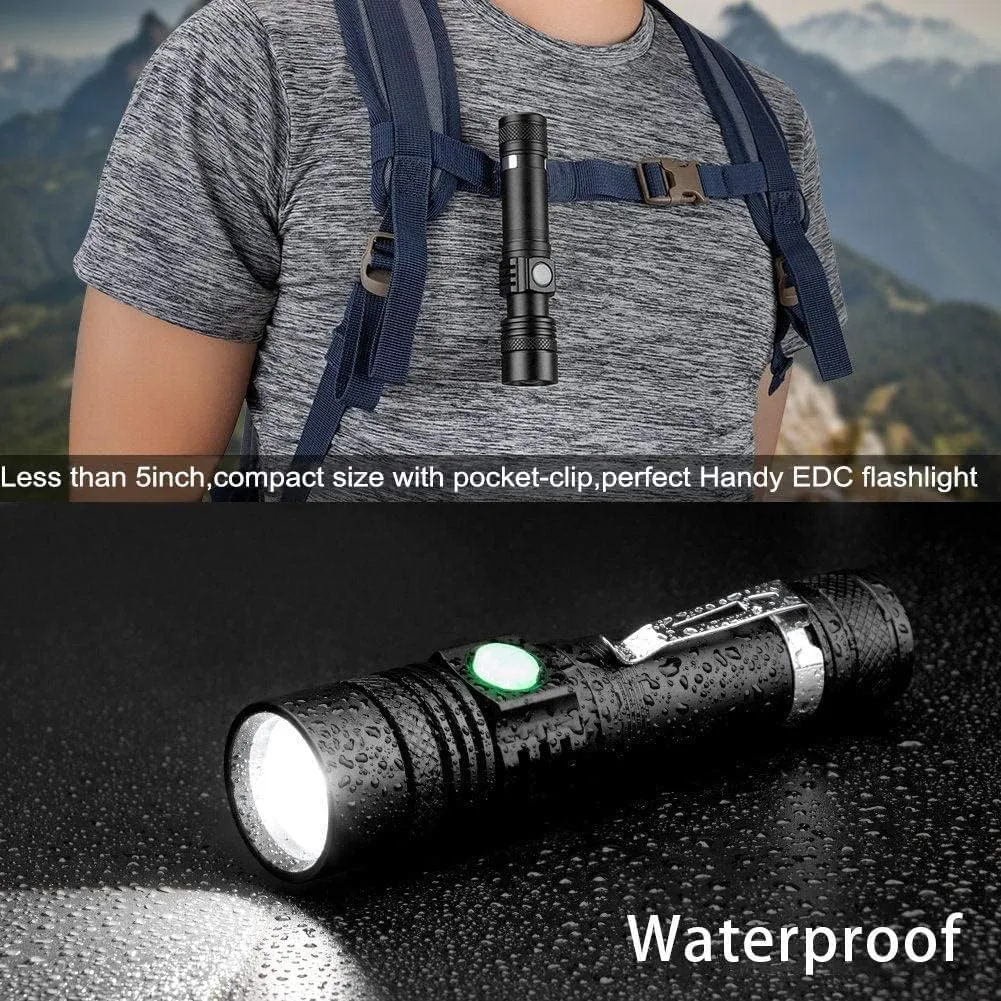 LED Tactical Flashlight Rechargeable, IPX6 Waterproof Flashlight, 2000lm, Super Bright LED, Zoomable, Pocket-Size Small LED Flashlight for Hiking, Camping, Emergency - with Carry Case