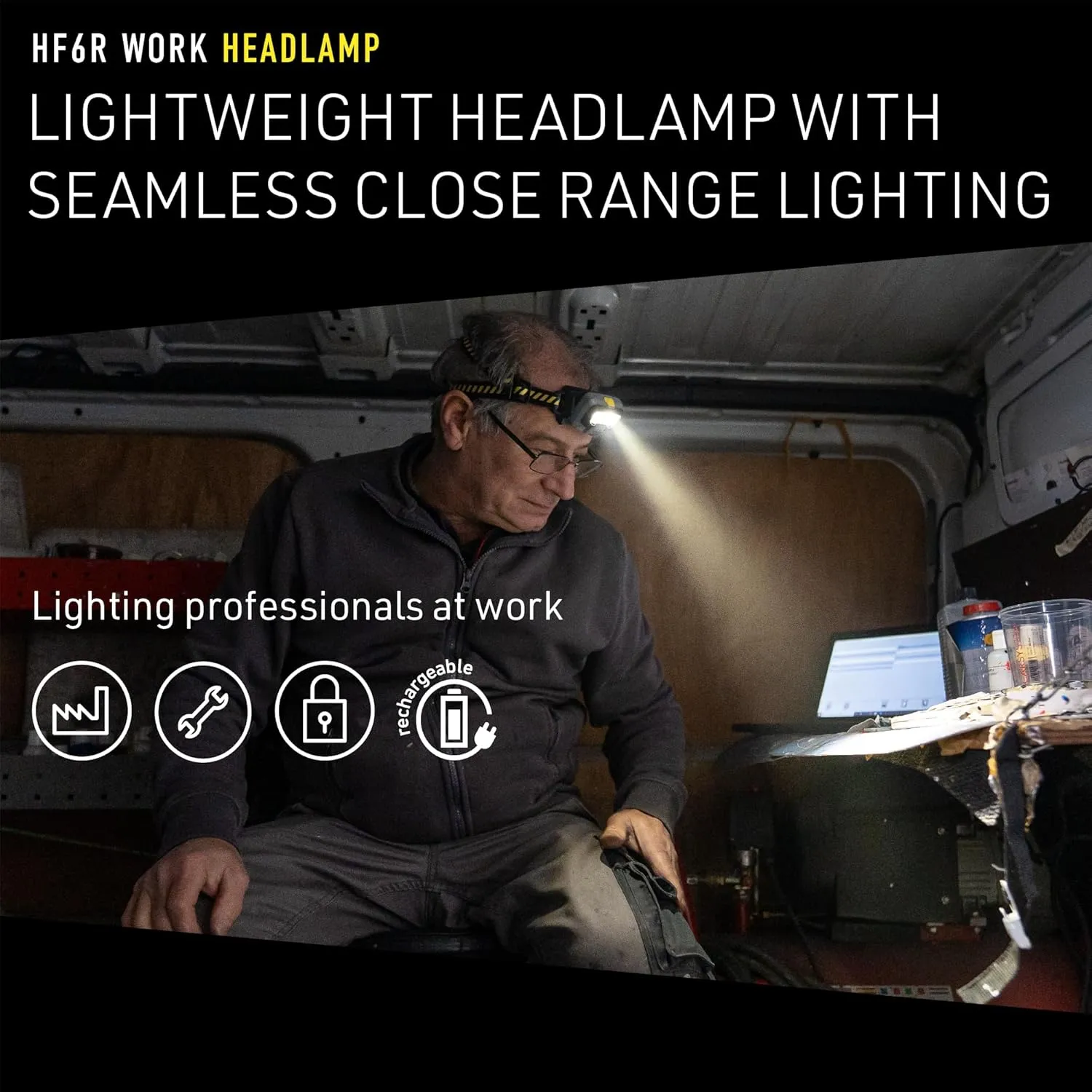 Ledlenser HF6R Work Hands Free, LED Rechargeable Headlamp, Dust and Water Resistant, 800 Lumens, Yellow
