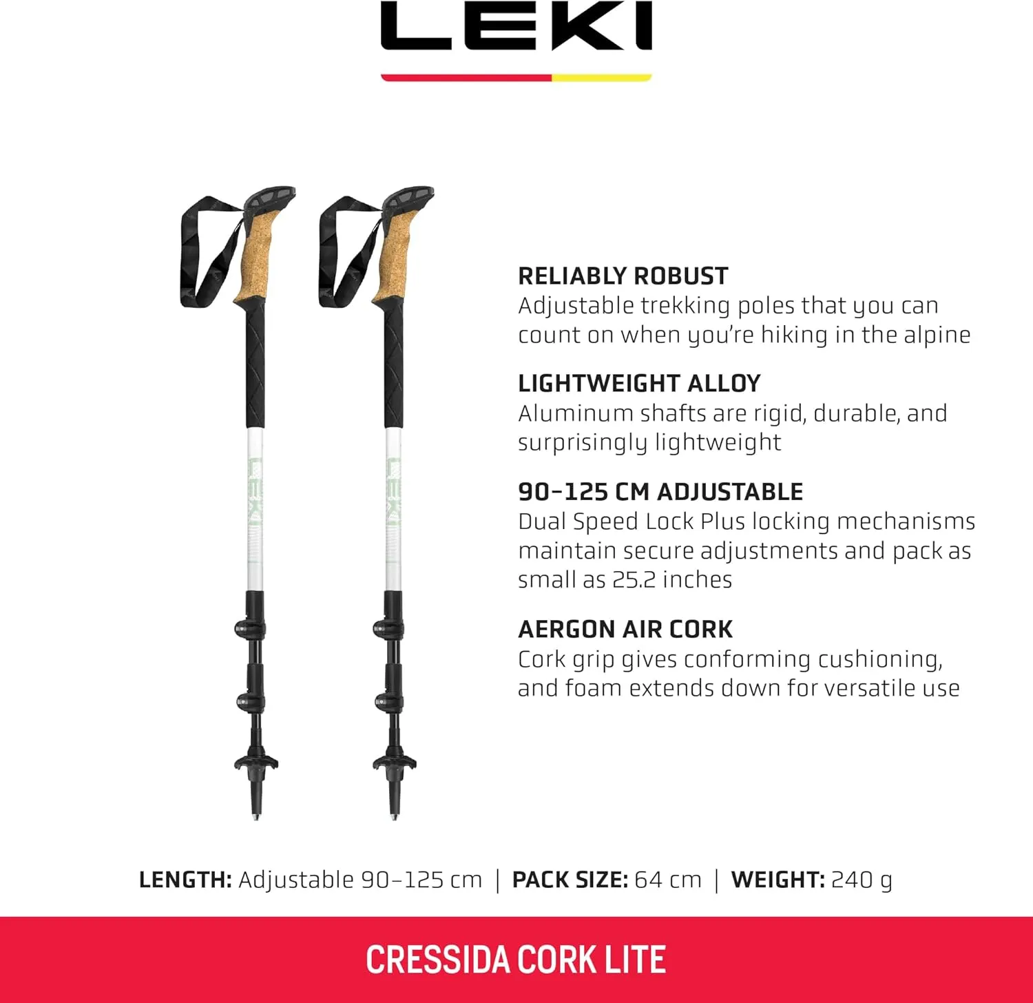 LEKI Cressida Cork Lite Aluminum Adjustable Lightweight Walking Poles for Trekking & Hiking