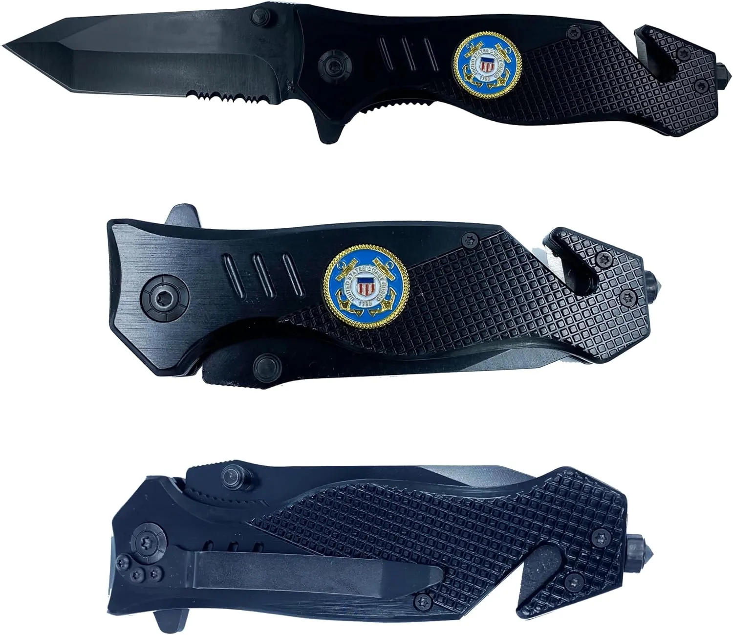 LEO Challenge Coins Coastie collectible USCG 3-in-1 Police Tactical Rescue knife tool for U.S. Coast Guard with Seatbelt Cutter, Steel Serrated Blade, Glass Breaker