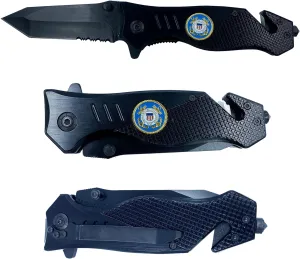 LEO Challenge Coins Coastie collectible USCG 3-in-1 Police Tactical Rescue knife tool for U.S. Coast Guard with Seatbelt Cutter, Steel Serrated Blade, Glass Breaker
