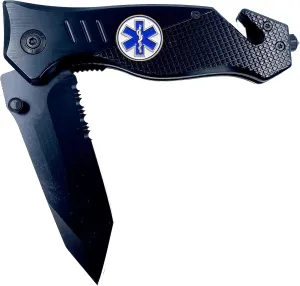 LEO Challenge Coins EMT EMS Paramedic Knife 3-in-1 Military Tactical Rescue knife tool with Seatbelt Cutter Steel Serrated Blade Glass Breaker, black