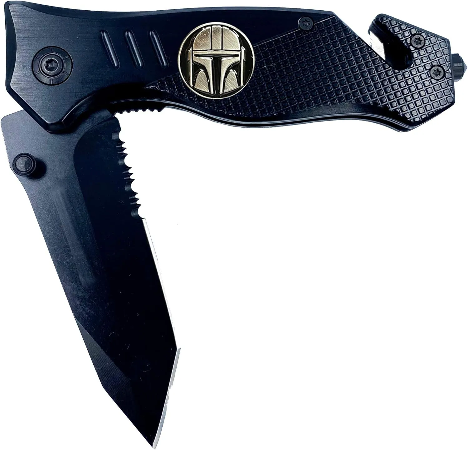 LEO Challenge Coins Mandalorian Inspired 3-in-1 Police Tactical Star Wars Parody Rescue Knife with Seatbelt Cutter, Steel Serrated Blade, Glass Breaker