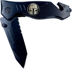 LEO Challenge Coins Mandalorian Inspired 3-in-1 Police Tactical Star Wars Parody Rescue Knife with Seatbelt Cutter, Steel Serrated Blade, Glass Breaker