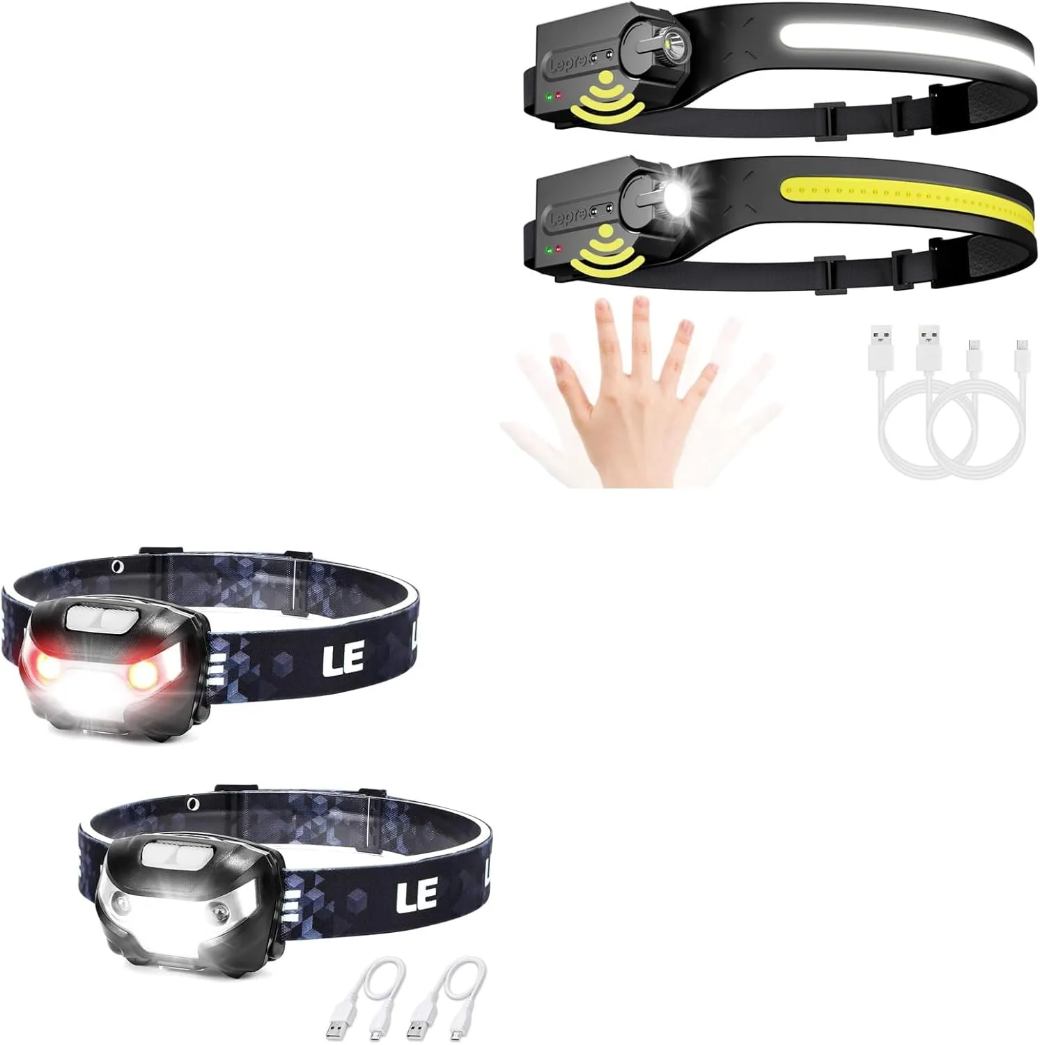 Lepro Bundle - 3200008-2 LED Rechargeable Headlamp Super Bright High Lumen Head Lamp with 5 Modes and White Red Light & PR320019 Super Bright Head lamp with Motion Sensor, 230° Wide Beam & Adjustable