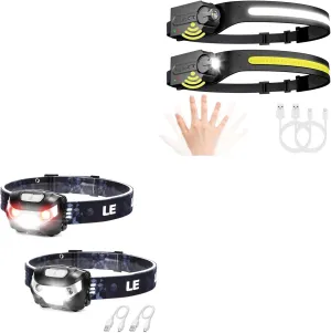 Lepro Bundle - 3200008-2 LED Rechargeable Headlamp Super Bright High Lumen Head Lamp with 5 Modes and White Red Light & PR320019 Super Bright Head lamp with Motion Sensor, 230° Wide Beam & Adjustable