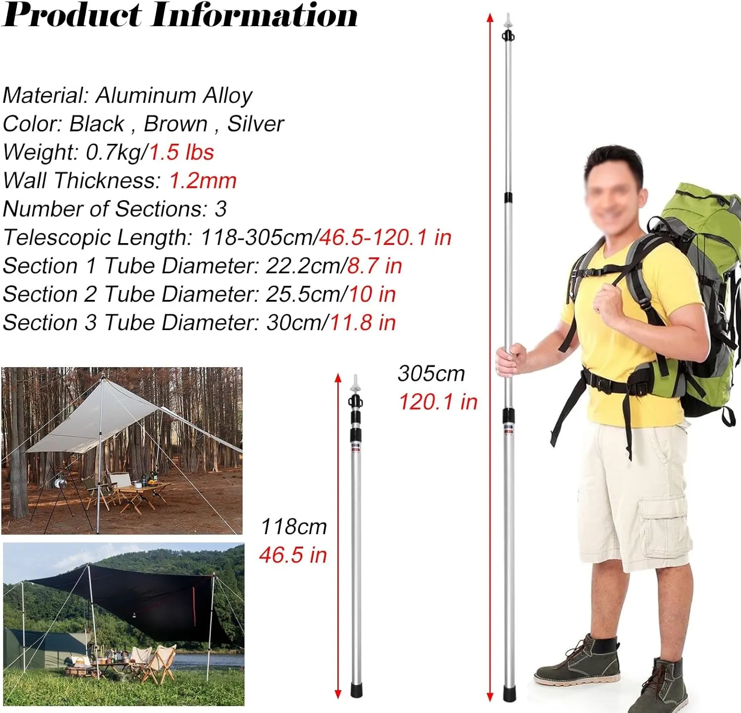 Lightweight Aluminum Alloy Tarp Poles for Grass/Beach, Adjustable Length Tent Poles with Silicone Feet Cover, Outdoor Canopy Pole Black Brown Silver(Silver)