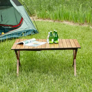 Lightweight Aluminum Roll-up Rectangular Table for Indoor and Outdoor Use, for Camping, BBQ, and Parties, Brown