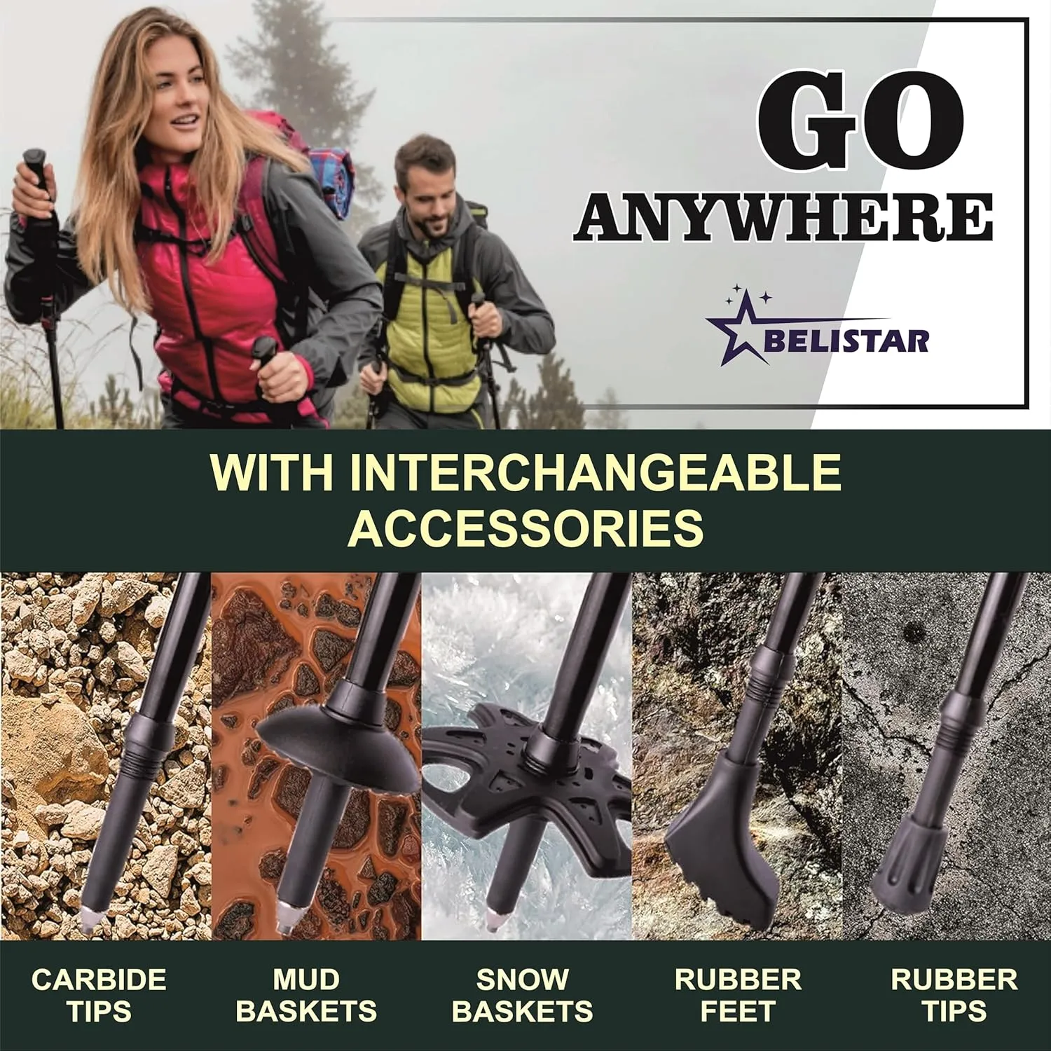 Lightweight Collapsible Aluminium Hiking Trekking Poles with Anti-Shock, Adjustable Height, Carry Bag Ideal for Men & Women Outdoor Walking & Trekking