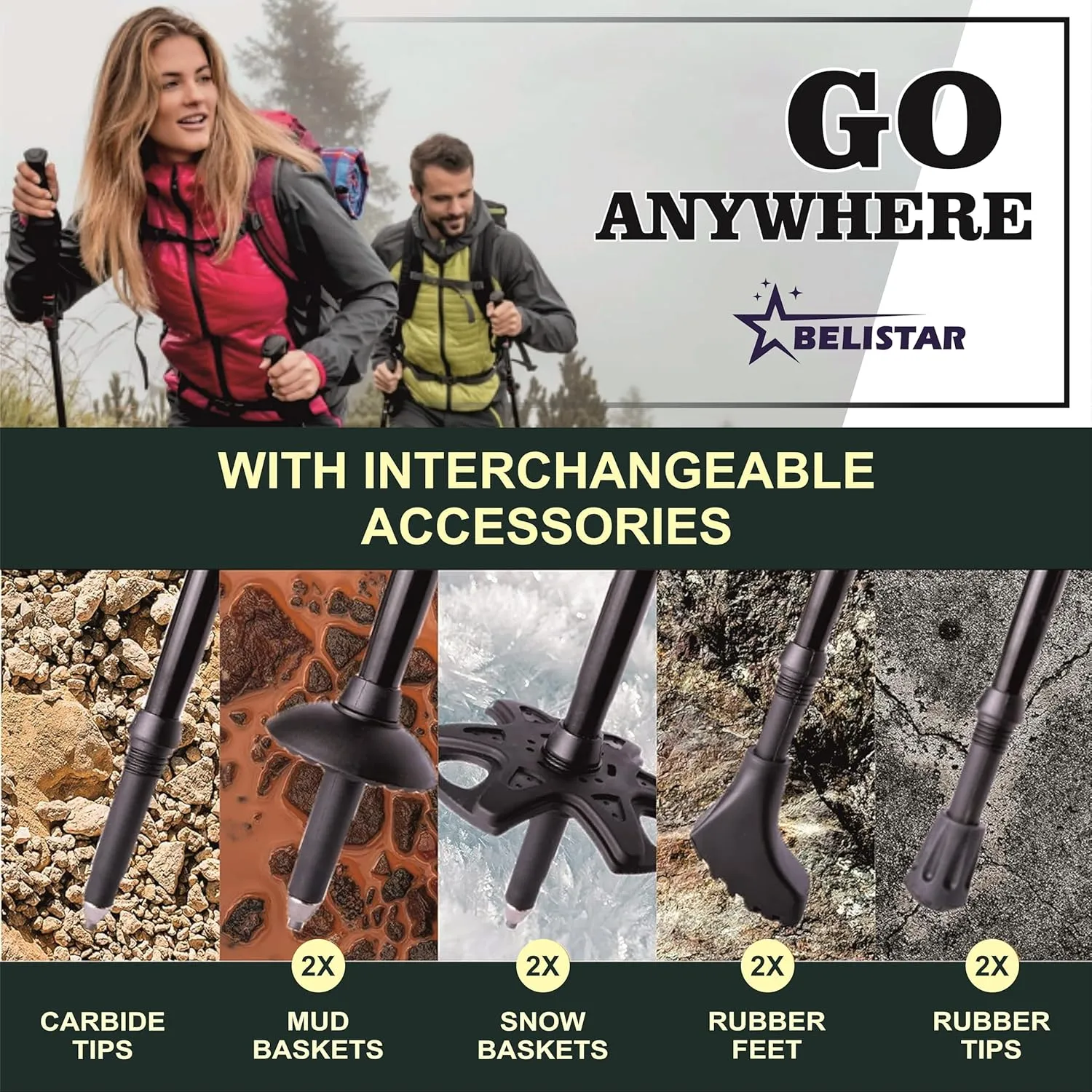 Lightweight Collapsible Aluminium Hiking Trekking Poles with Anti-Shock, Adjustable Height, Carry Bag Ideal for Men & Women Outdoor Walking & Trekking