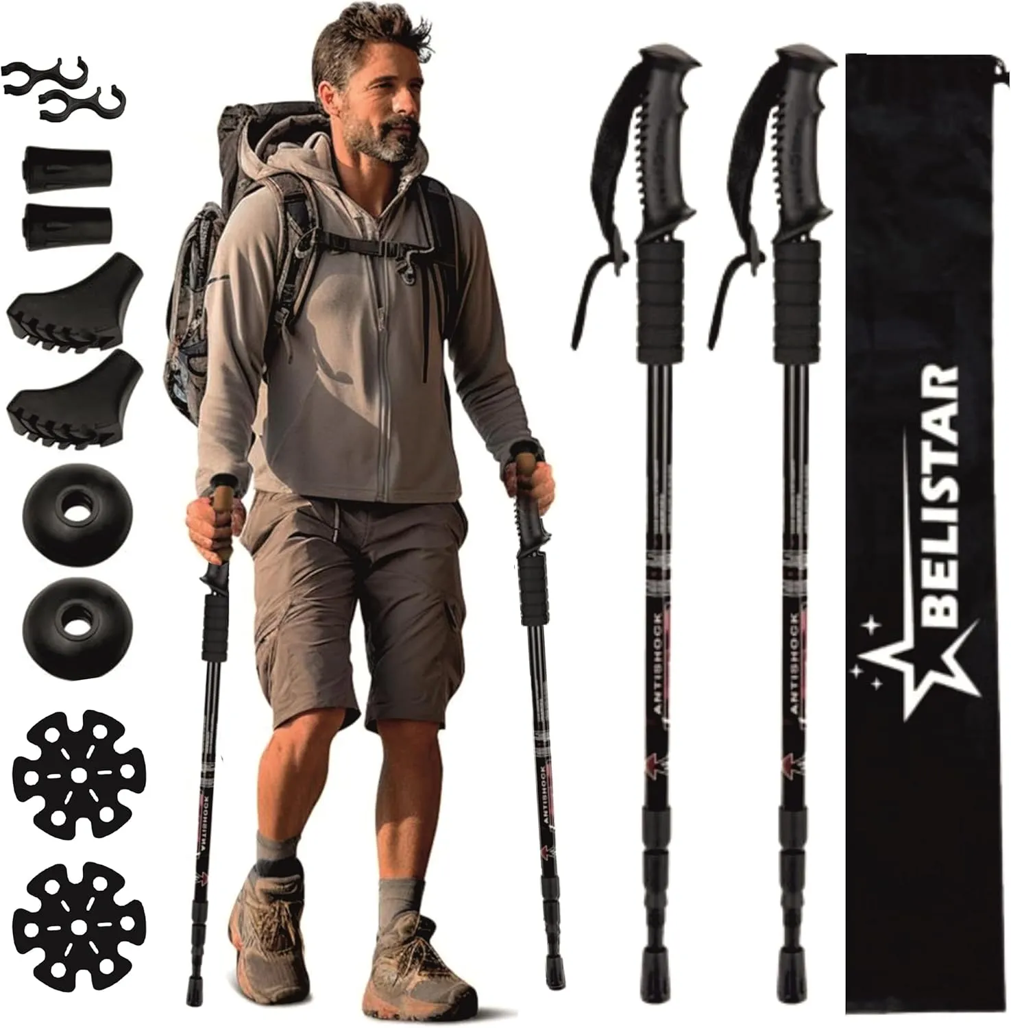 Lightweight Collapsible Aluminium Hiking Trekking Poles with Anti-Shock, Adjustable Height, Carry Bag Ideal for Men & Women Outdoor Walking & Trekking