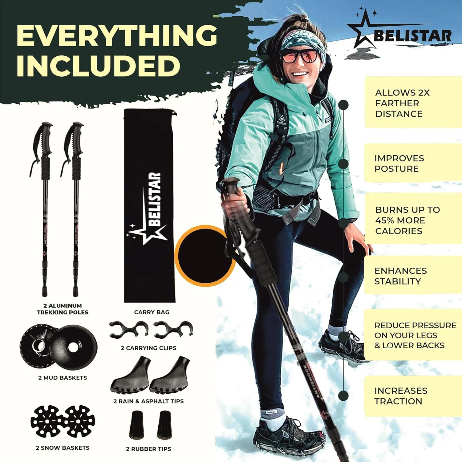 Lightweight Collapsible Aluminium Hiking Trekking Poles with Anti-Shock, Adjustable Height, Carry Bag Ideal for Men & Women Outdoor Walking & Trekking