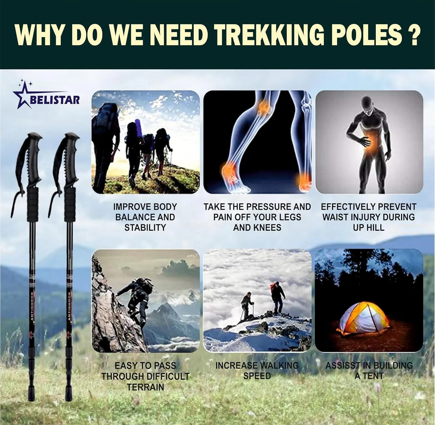 Lightweight Collapsible Aluminium Hiking Trekking Poles with Anti-Shock, Adjustable Height, Carry Bag Ideal for Men & Women Outdoor Walking & Trekking