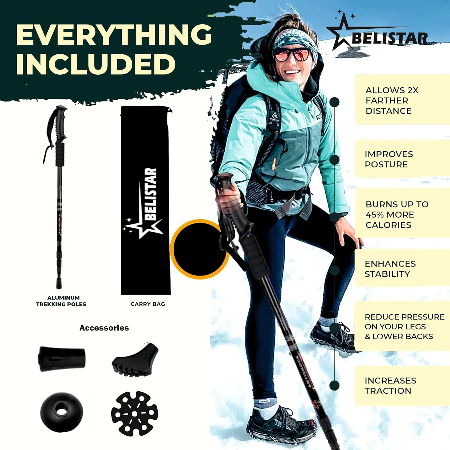 Lightweight Collapsible Aluminium Hiking Trekking Poles with Anti-Shock, Adjustable Height, Carry Bag Ideal for Men & Women Outdoor Walking & Trekking