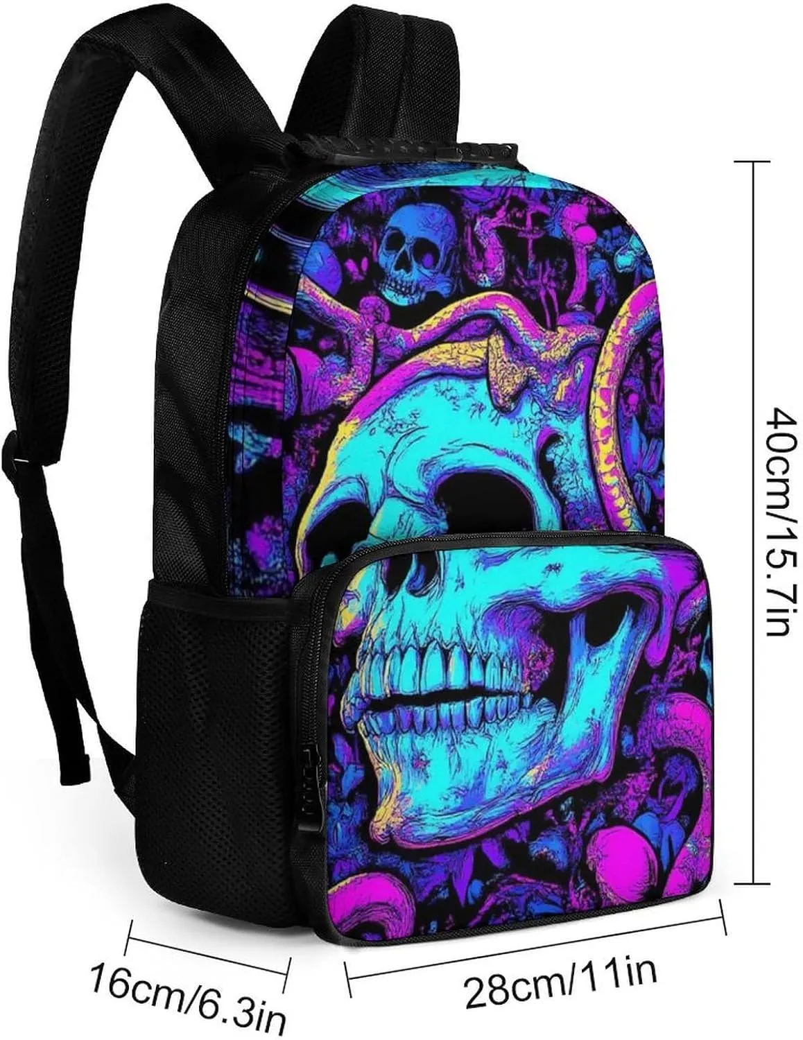 Lightweight Daypack Backpack for Trekking Work Running - Big Capacity Multipurpose Anti-Theft Bookbag, Trippy Skull Snake Neon Art Business Computer Bag