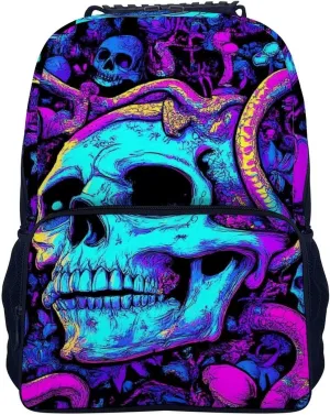 Lightweight Daypack Backpack for Trekking Work Running - Big Capacity Multipurpose Anti-Theft Bookbag, Trippy Skull Snake Neon Art Business Computer Bag
