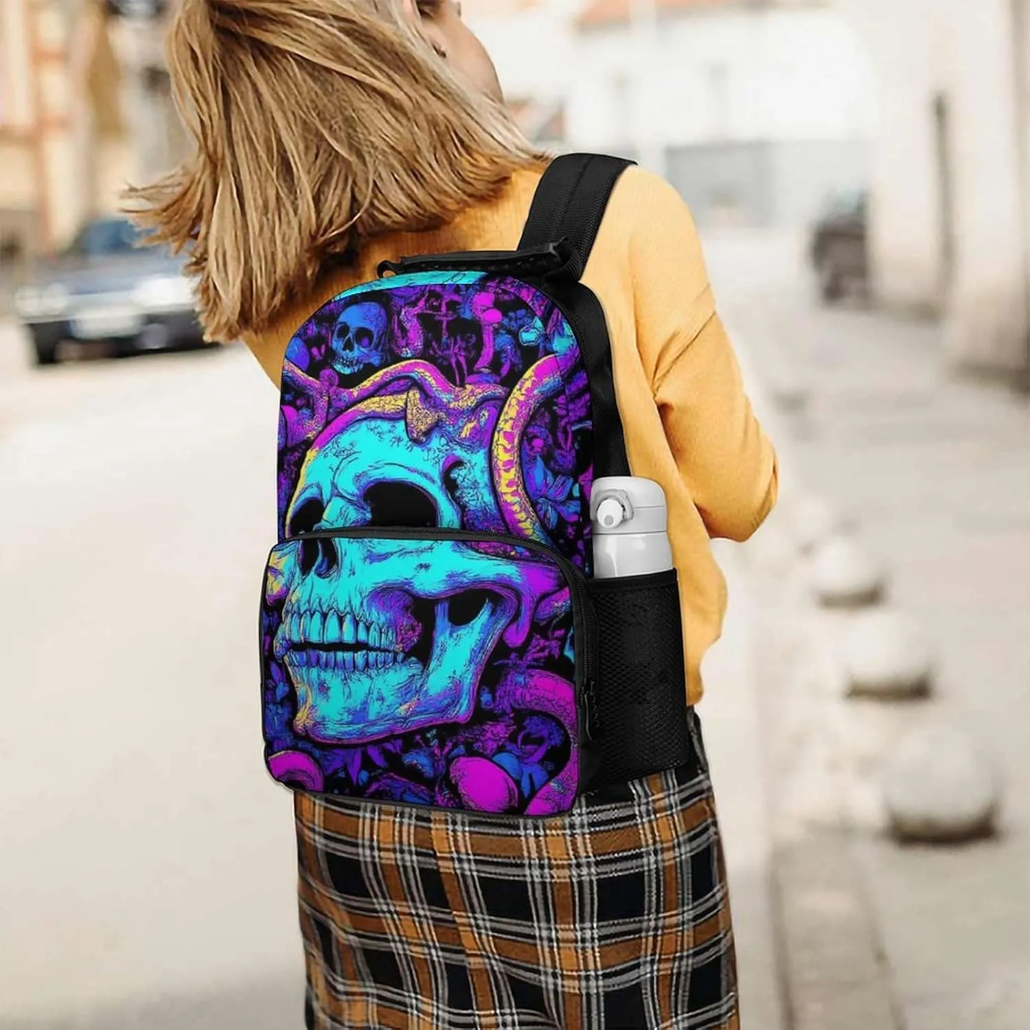 Lightweight Daypack Backpack for Trekking Work Running - Big Capacity Multipurpose Anti-Theft Bookbag, Trippy Skull Snake Neon Art Business Computer Bag