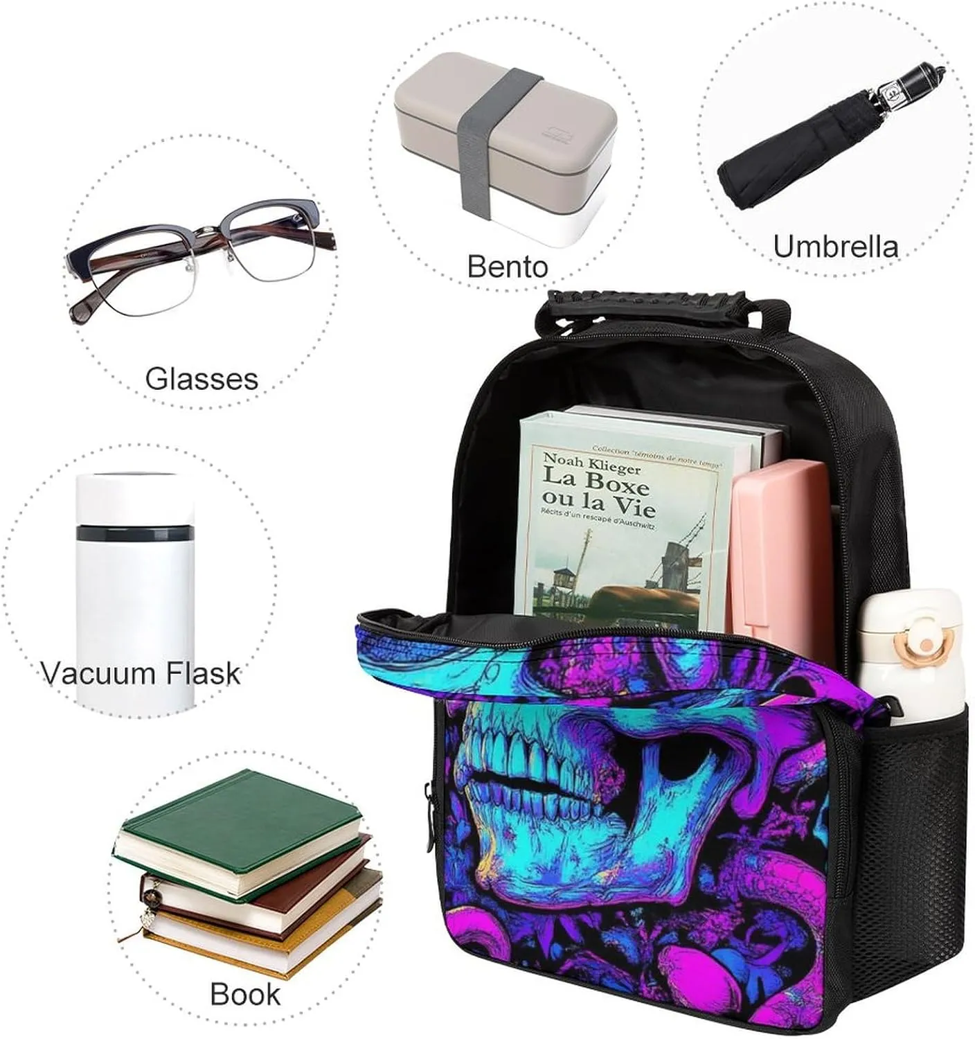 Lightweight Daypack Backpack for Trekking Work Running - Big Capacity Multipurpose Anti-Theft Bookbag, Trippy Skull Snake Neon Art Business Computer Bag