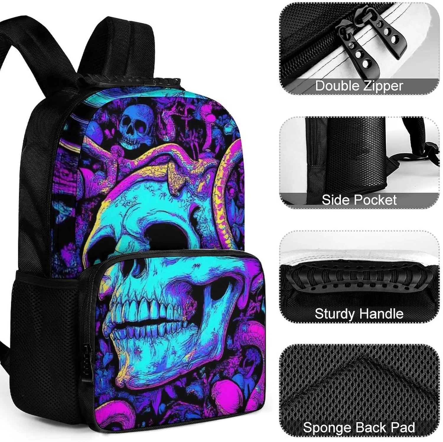 Lightweight Daypack Backpack for Trekking Work Running - Big Capacity Multipurpose Anti-Theft Bookbag, Trippy Skull Snake Neon Art Business Computer Bag