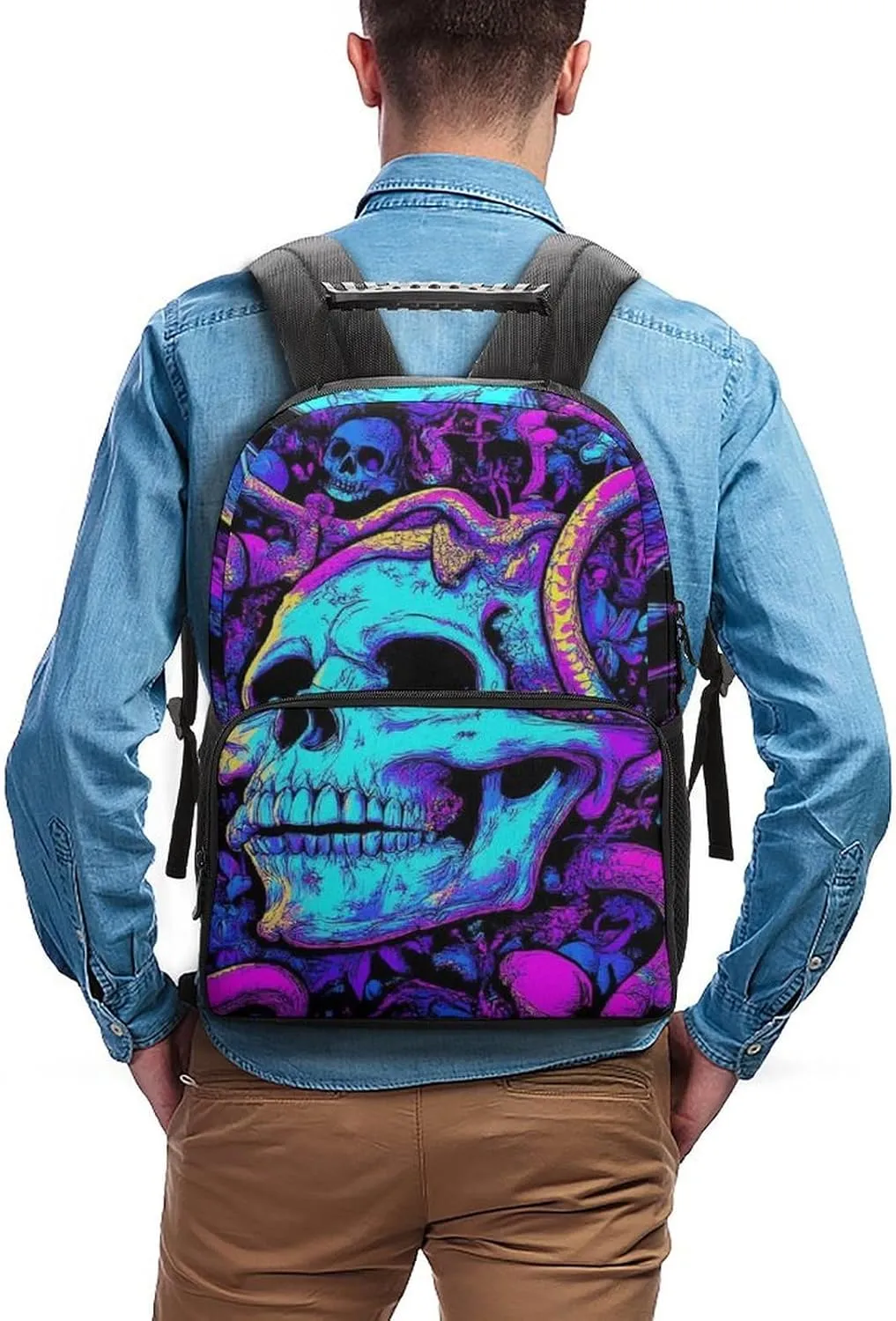 Lightweight Daypack Backpack for Trekking Work Running - Big Capacity Multipurpose Anti-Theft Bookbag, Trippy Skull Snake Neon Art Business Computer Bag