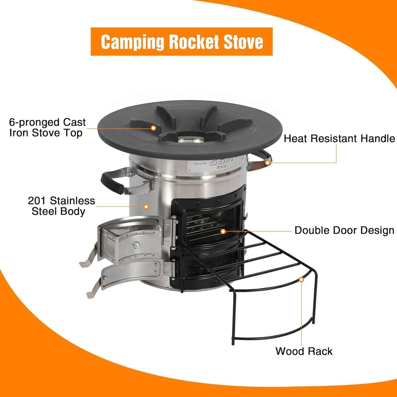 Lineslife Camping Rocket Stove with Grill Pan for Cooking, Portable Stainless Steel Wood Stove with Carry Bag for Backpacking Hiking Survival, Silver Two Doors 12.6''