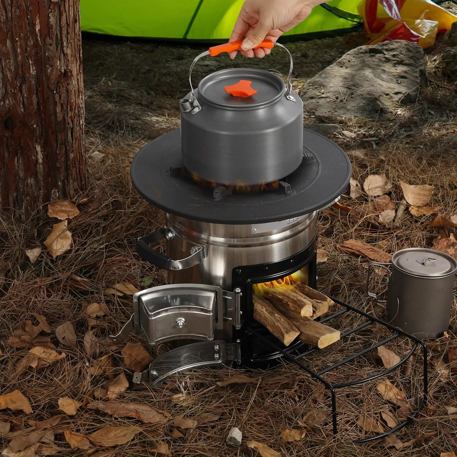 Lineslife Camping Rocket Stove with Grill Pan for Cooking, Portable Stainless Steel Wood Stove with Carry Bag for Backpacking Hiking Survival, Silver Two Doors 12.6''