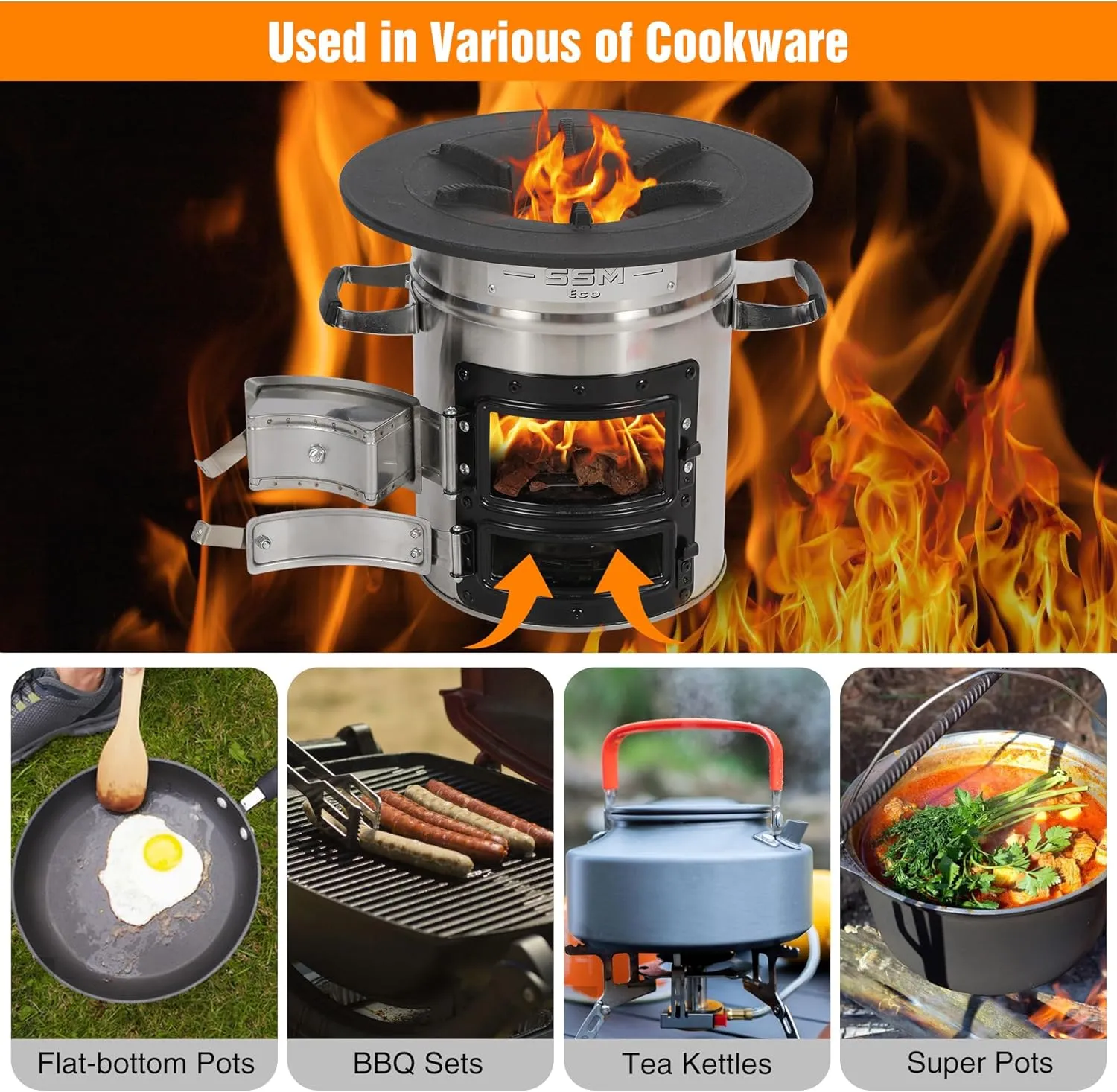 Lineslife Camping Rocket Stove with Grill Pan for Cooking, Portable Stainless Steel Wood Stove with Carry Bag for Backpacking Hiking Survival, Silver Two Doors 12.6''