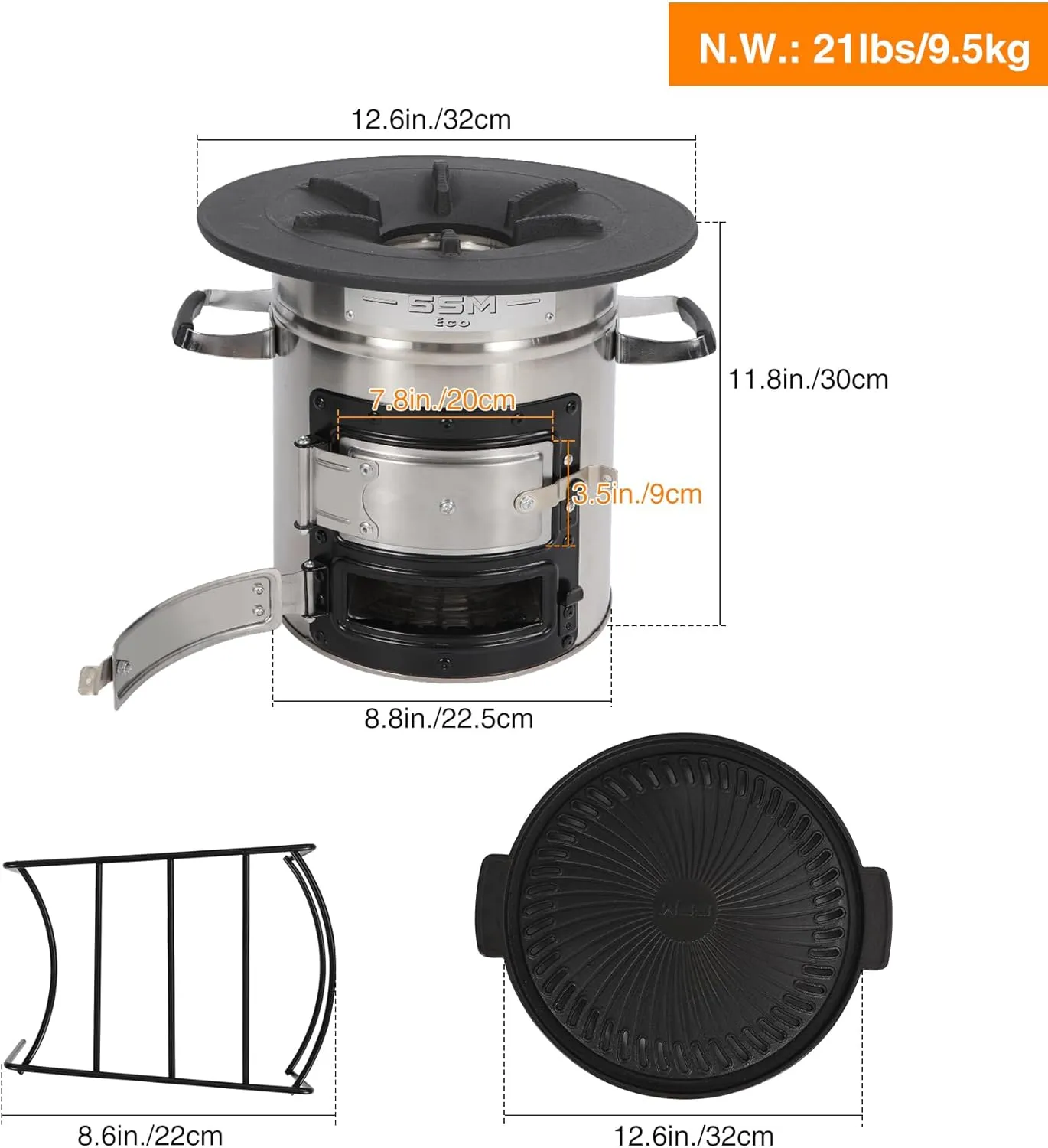 Lineslife Camping Rocket Stove with Grill Pan for Cooking, Portable Stainless Steel Wood Stove with Carry Bag for Backpacking Hiking Survival, Silver Two Doors 12.6''