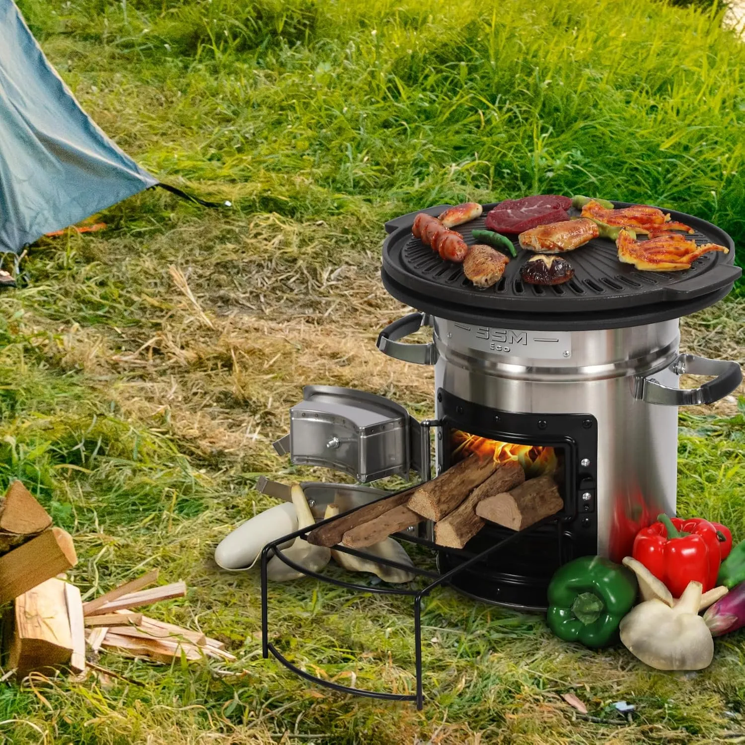 Lineslife Camping Rocket Stove with Grill Pan for Cooking, Portable Stainless Steel Wood Stove with Carry Bag for Backpacking Hiking Survival, Silver Two Doors 12.6''