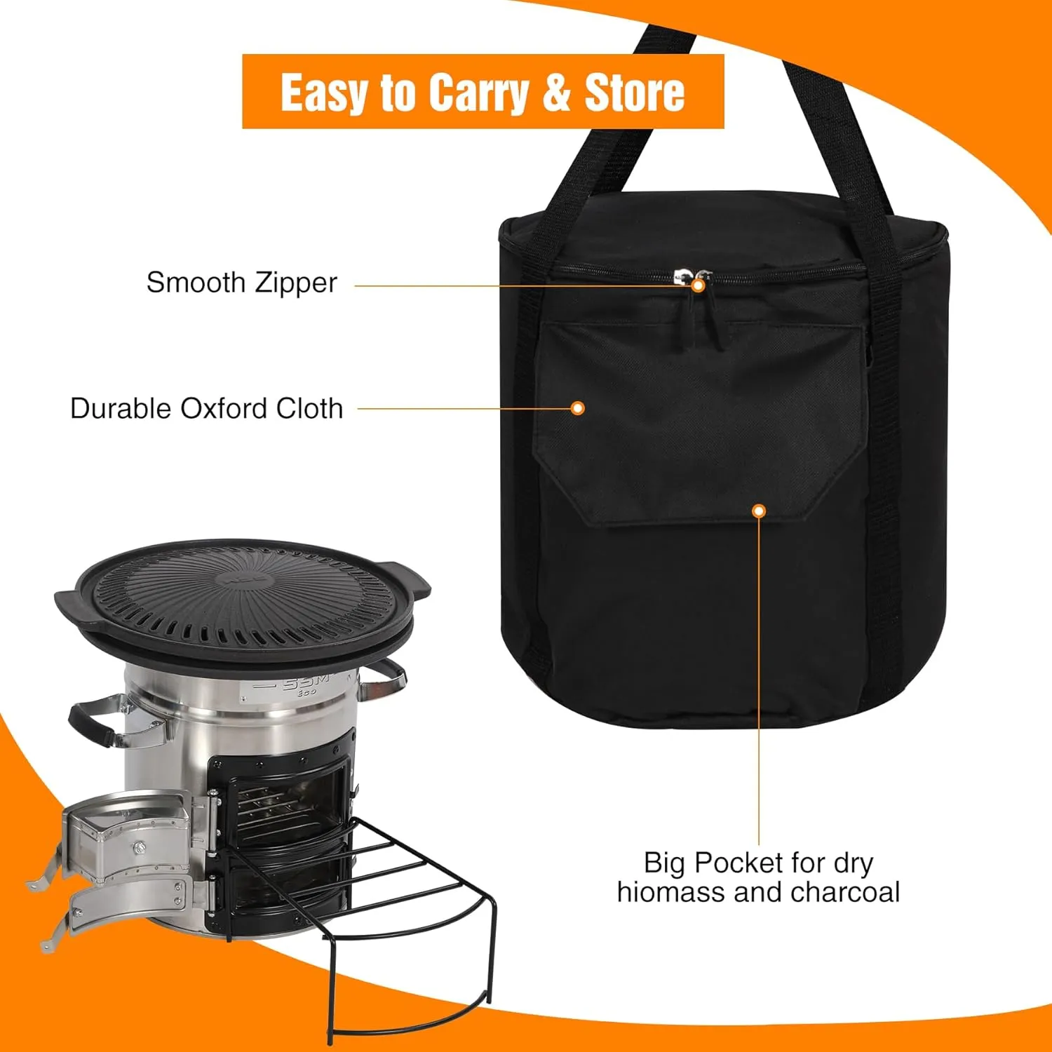 Lineslife Camping Rocket Stove with Grill Pan for Cooking, Portable Stainless Steel Wood Stove with Carry Bag for Backpacking Hiking Survival, Silver Two Doors 12.6''
