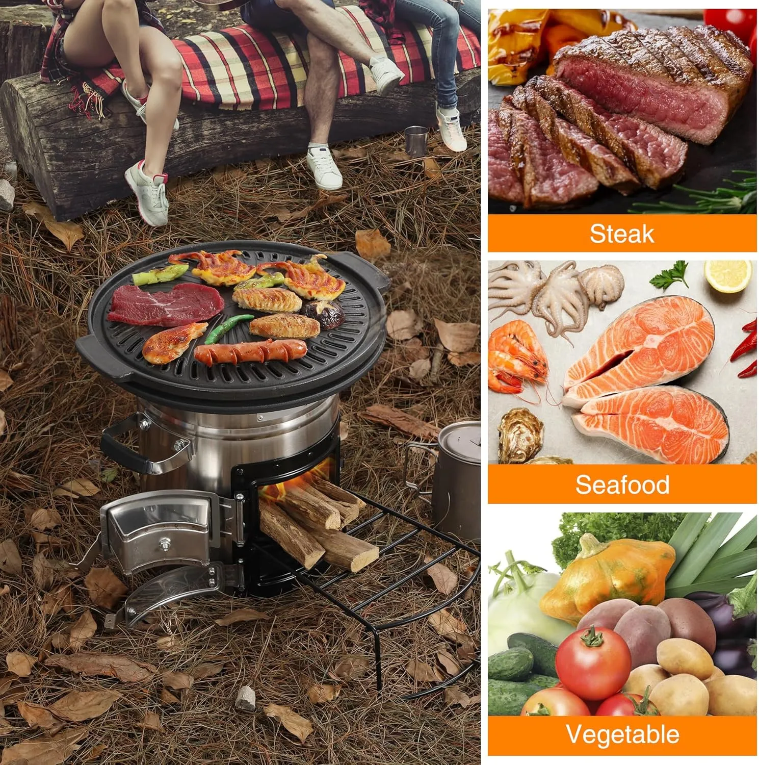 Lineslife Camping Rocket Stove with Grill Pan for Cooking, Portable Stainless Steel Wood Stove with Carry Bag for Backpacking Hiking Survival, Silver Two Doors 12.6''