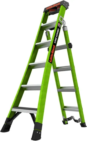 Little Giant Ladders, King Kombo 2.0 XT, Industrial, M6, 6 Ft. A Frame, 10 Ft. Extension, Fiberglass, Type 1AA, 375 lbs Weight Rating, (13936-071), Hi-viz Green