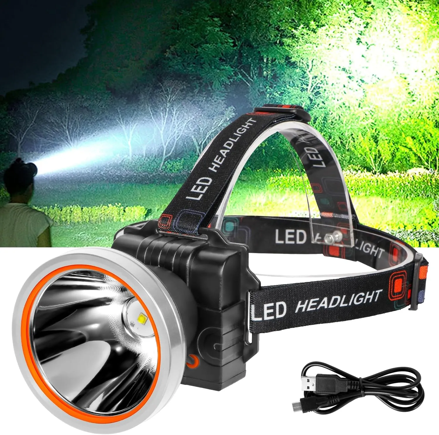 Lokilo Ultra-Bright LED Headlamp,High Lumen Rechargeable and Waterproof Headlight with Adjustable Headband for Night Work and Outdoor Use (Silver-Yellow Light)