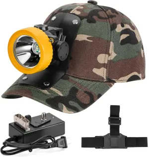 Lokilo Ultra-Bright LED Mining Headlamp,Rechargeable Waterproof Hard Hat White Light Headlight,Camouflage Miner Cap Included,Durable Mining Light for Underground Work and Outdoor Adventures (Yellow)