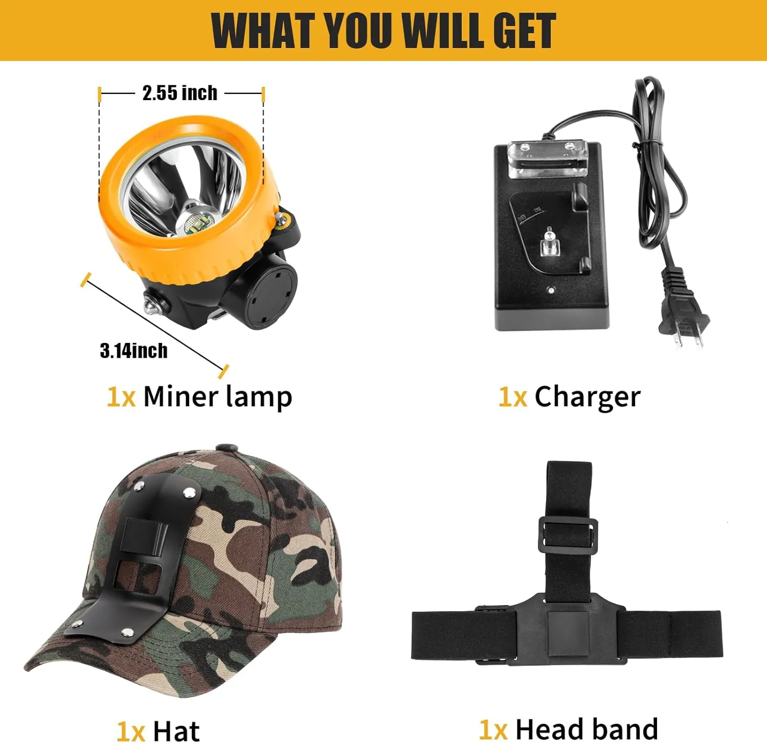 Lokilo Ultra-Bright LED Mining Headlamp,Rechargeable Waterproof Hard Hat White Light Headlight,Camouflage Miner Cap Included,Durable Mining Light for Underground Work and Outdoor Adventures (Yellow)