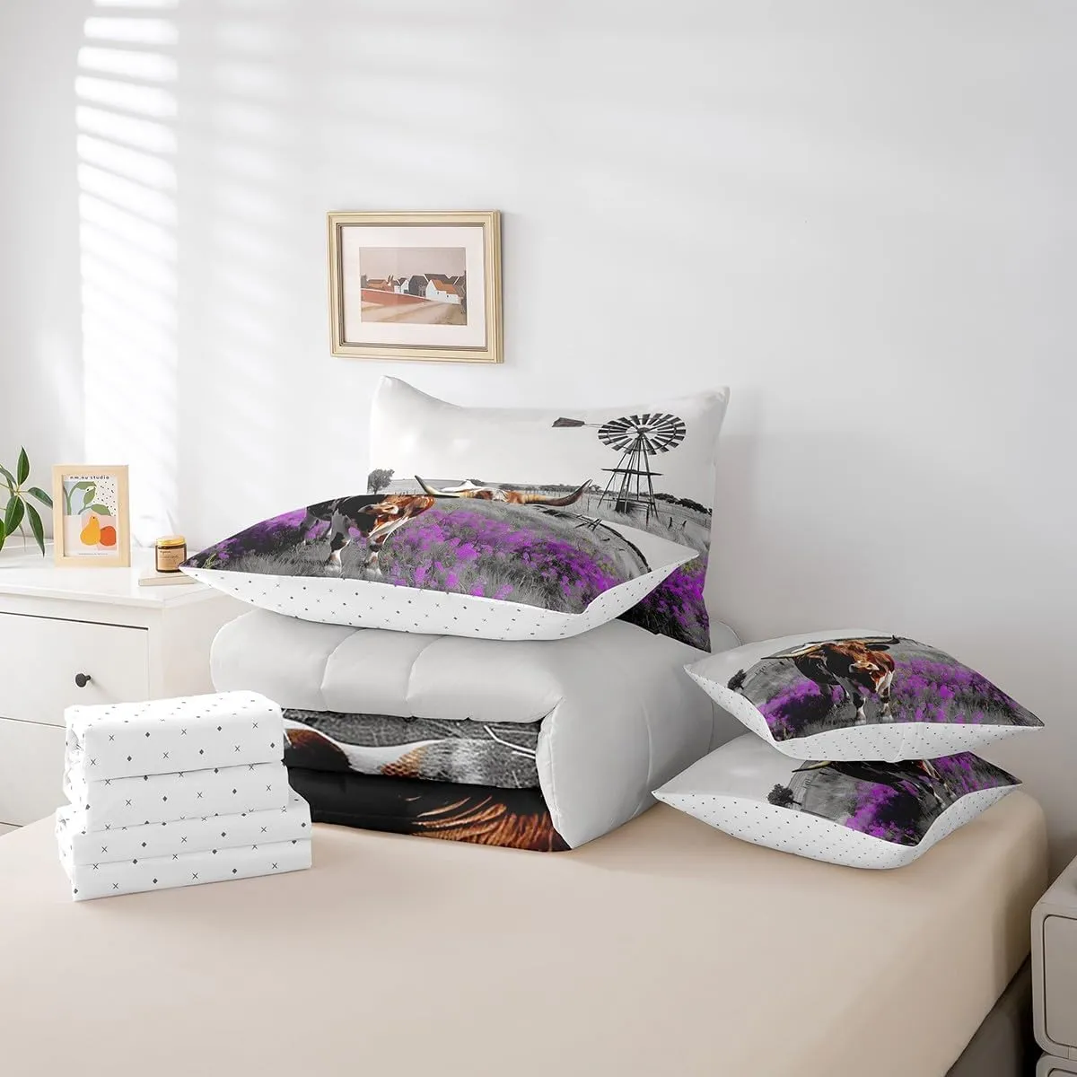 Longhorn Bull Queen Comforter Set - 7 Pieces Garden Windmill Bedding Sets Queen Bed in a Bag with Reversible Purple Flowers Highland Cow Western Animals Comforter,Sheets,Pillowcases & Shams