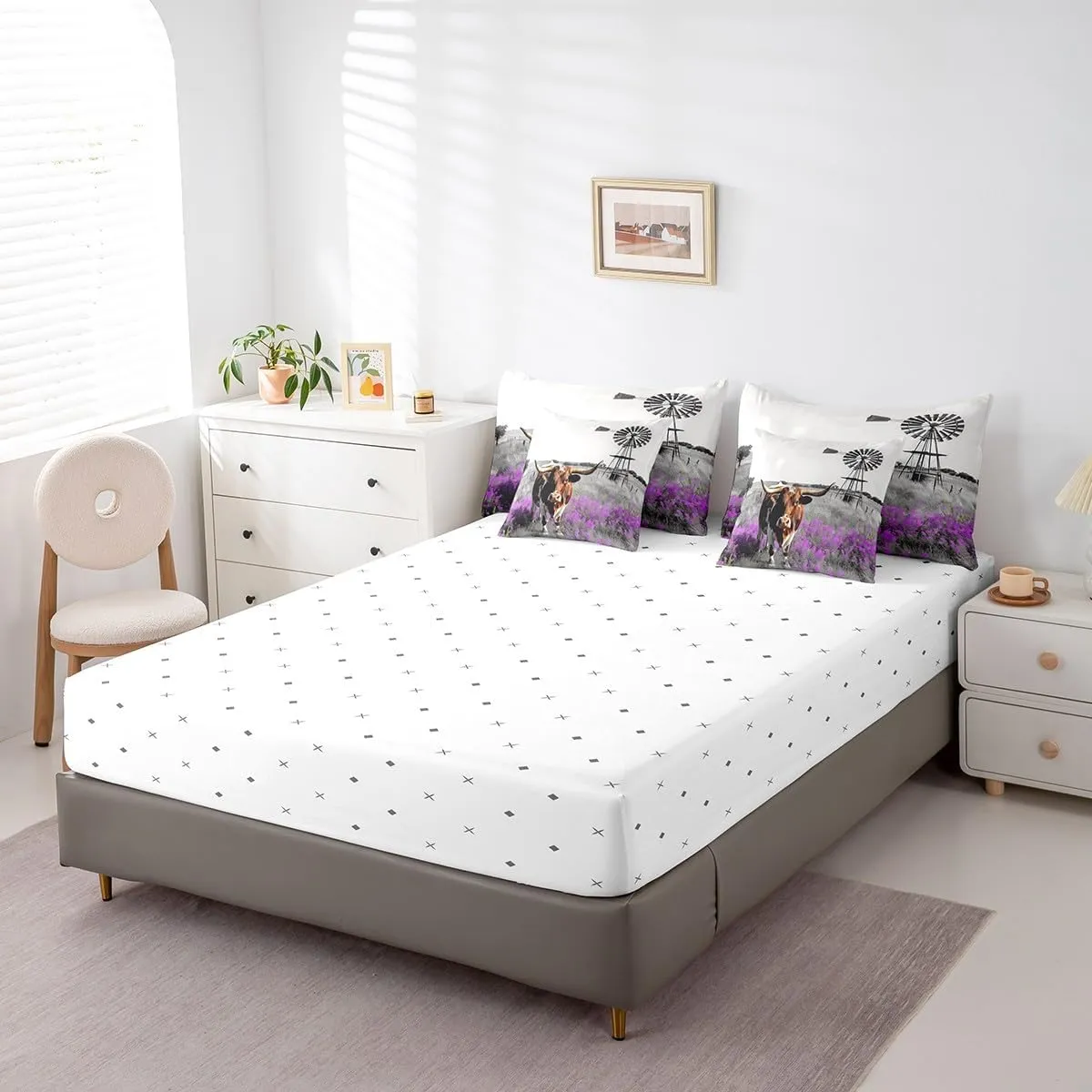 Longhorn Bull Queen Comforter Set - 7 Pieces Garden Windmill Bedding Sets Queen Bed in a Bag with Reversible Purple Flowers Highland Cow Western Animals Comforter,Sheets,Pillowcases & Shams