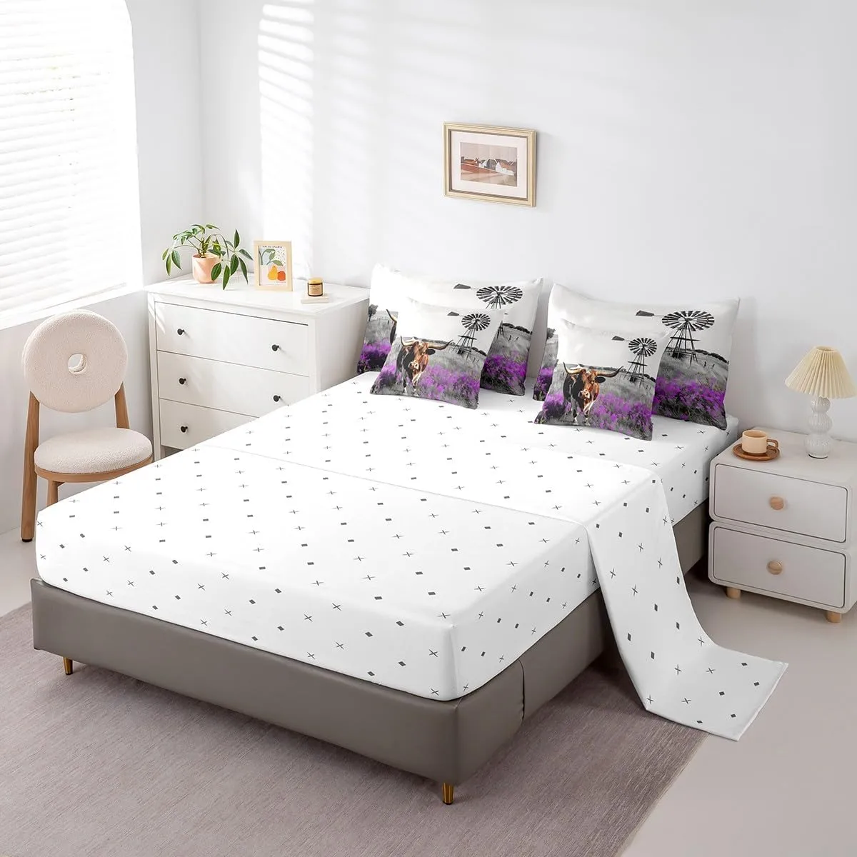 Longhorn Bull Queen Comforter Set - 7 Pieces Garden Windmill Bedding Sets Queen Bed in a Bag with Reversible Purple Flowers Highland Cow Western Animals Comforter,Sheets,Pillowcases & Shams
