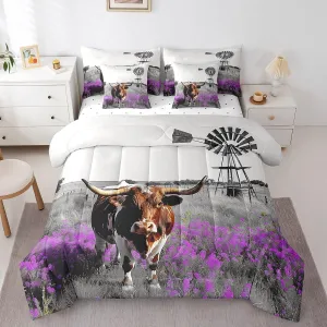 Longhorn Bull Queen Comforter Set - 7 Pieces Garden Windmill Bedding Sets Queen Bed in a Bag with Reversible Purple Flowers Highland Cow Western Animals Comforter,Sheets,Pillowcases & Shams