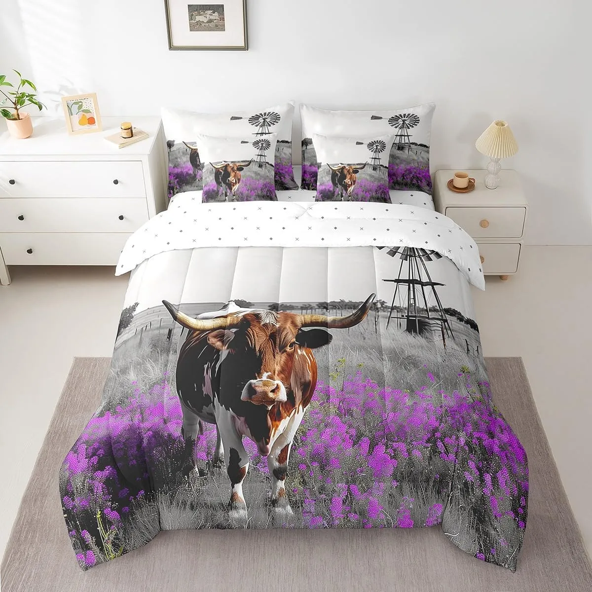 Longhorn Bull Queen Comforter Set - 7 Pieces Garden Windmill Bedding Sets Queen Bed in a Bag with Reversible Purple Flowers Highland Cow Western Animals Comforter,Sheets,Pillowcases & Shams