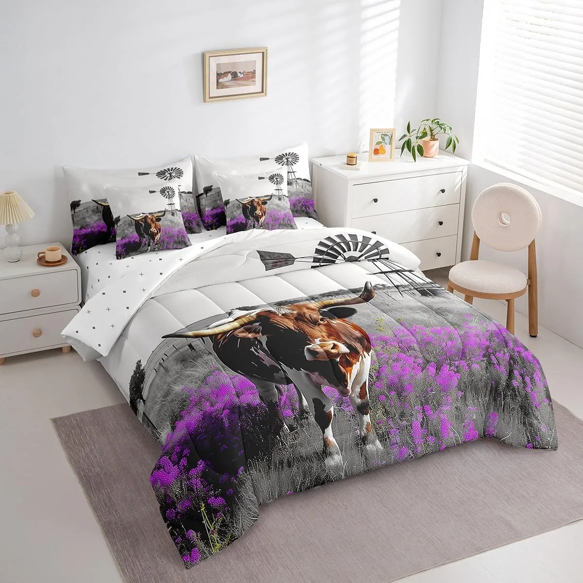 Longhorn Bull Queen Comforter Set - 7 Pieces Garden Windmill Bedding Sets Queen Bed in a Bag with Reversible Purple Flowers Highland Cow Western Animals Comforter,Sheets,Pillowcases & Shams