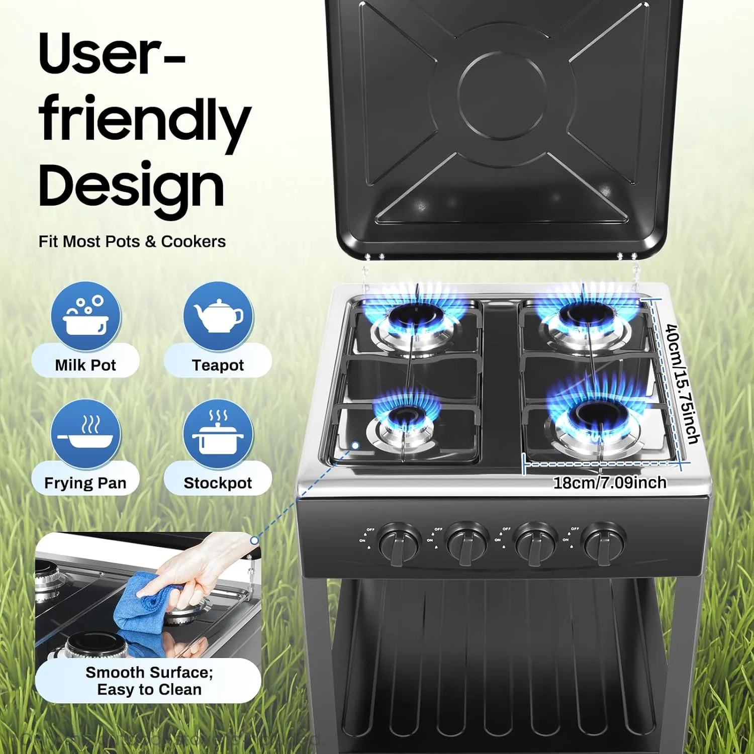 LPG Gas Stove 4 Burner Portable Gas Stove 34120 BTU Camping Stove with Support Leg Stand and Wind Blocking Cover for RV, Apartment, Outdoor Cooking Black Double Layers Storage